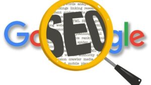 Google hovered over by a magnifying glass revealing the words SEO