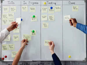 Planning board depicting the different actions being done by team members
