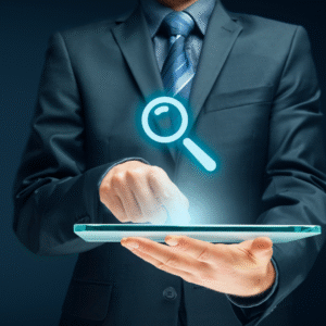A person using a tablet with a search icon hovering in the center of the frame