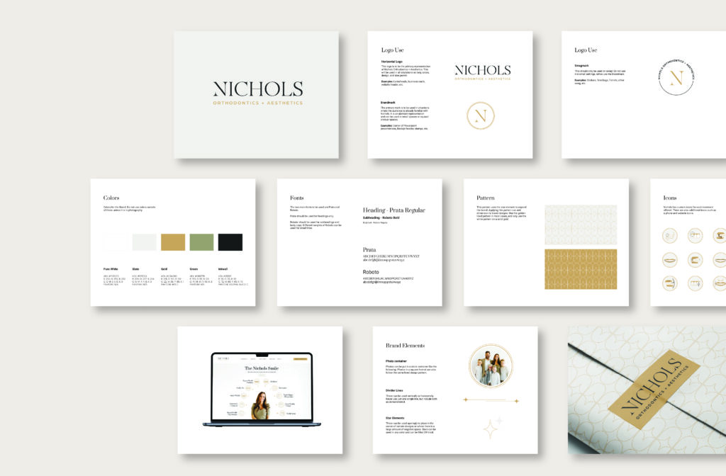 Flat lay of Nichols Orthodontics + Aesthetics brand guide.