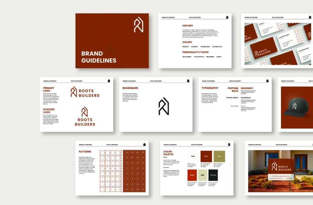Flat Lay depicting the brand guide made for Roots Builders