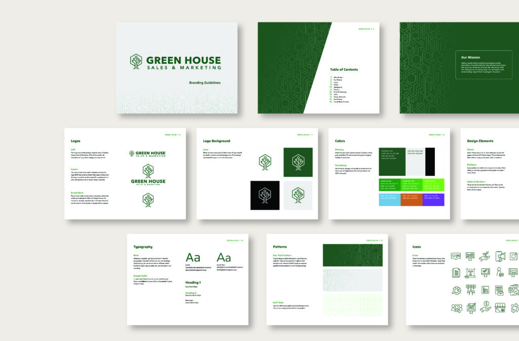Flat lay depicting the brand guide made for Green House Sales and Marketing.