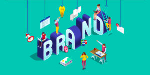 Six animated people working together to create the word Brand