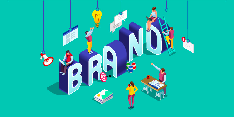 Six animated people working together to create the word Brand