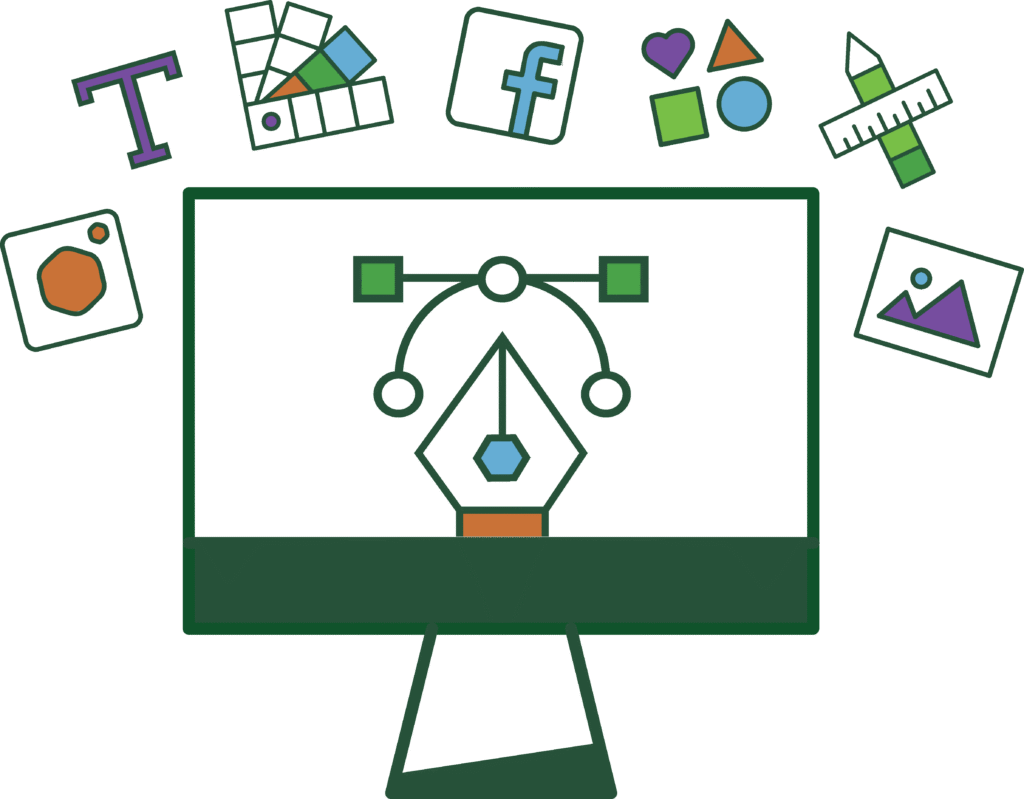 Content creation graphic showing design, social media, and branding tools on a computer.