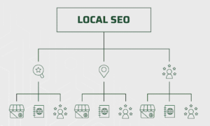 A graph showing the different parts of local search engine optimization such as google business profile, google search console rankings, and customer reviews