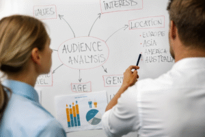 Alt Text: Marketing team reviewing audience insights on a whiteboard