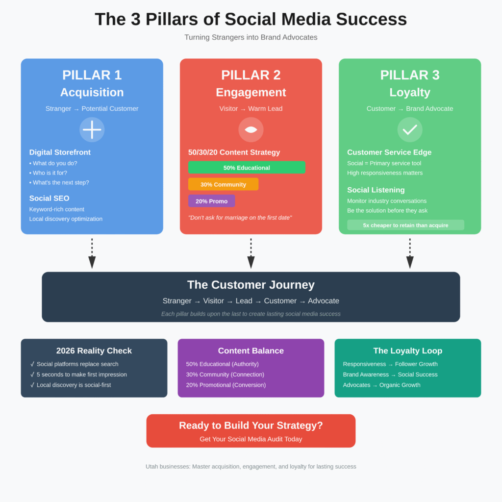 Visual Representation of the 3 Pillars of Social Media Success