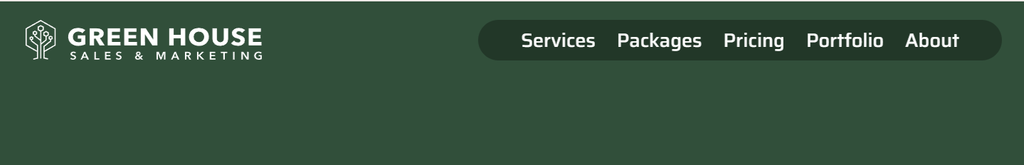 Green House Sales & Marketing website header with Services, Packages, Pricing, Portfolio, and About links