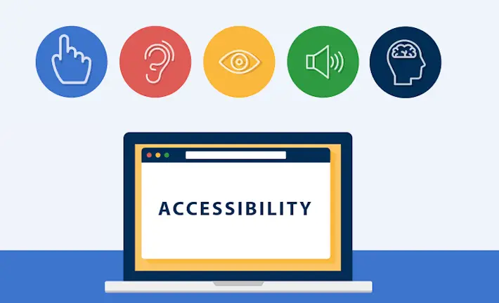 Accessibility icons for motor, hearing, vision, speech, and cognitive needs above a laptop screen