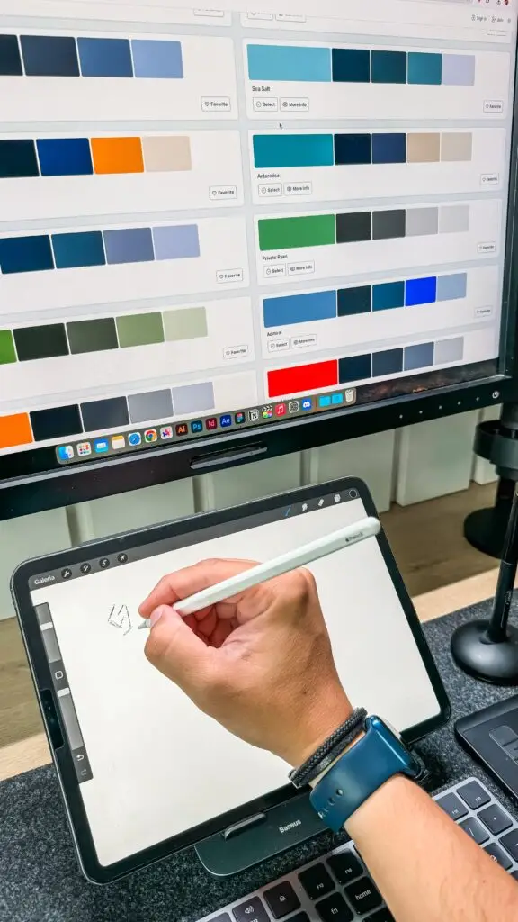 Designer sketching a logo on an iPad while comparing website color palettes on a desktop monitor